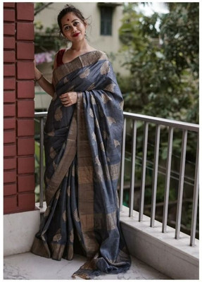 HouseOfCommon Striped Banarasi Pure Silk Saree(Grey)