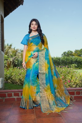 KOTHARI LGF Solid/Plain Bandhani Organza Saree(Blue)