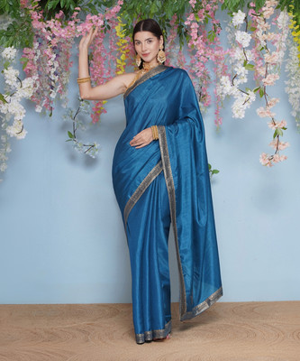 LABELKASHI Solid/Plain Bollywood Silk Blend Saree(Blue)