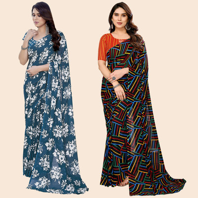 kashvi sarees Self Design, Printed Daily Wear Georgette Saree(Pack of 2, Dark Green, Multicolor)