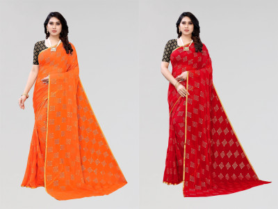 FABMORA Printed Bollywood Chiffon Saree(Pack of 2, Red, Orange)