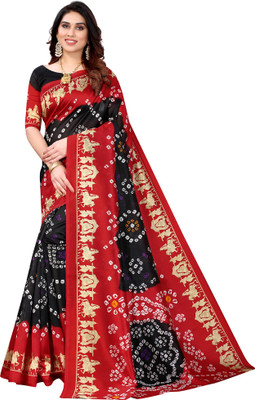 Akhilam Printed Bandhani Art Silk Saree(Black)