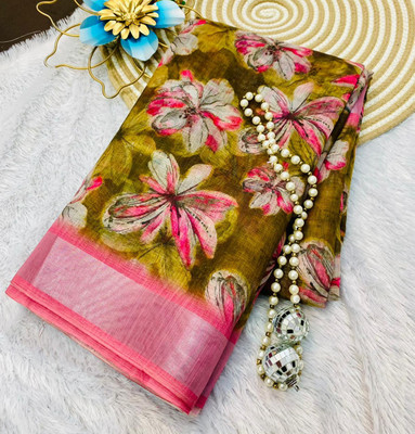 KOTHARI KREATION Printed, Floral Print, Woven Bollywood Cotton Linen Saree(White, Grey)