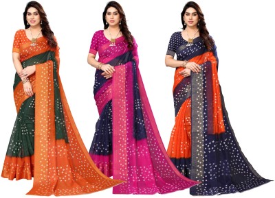 Hema Silk Mills Printed Bandhani Cotton Blend Saree(Pack of 3, Dark Green, Dark Blue, Orange)