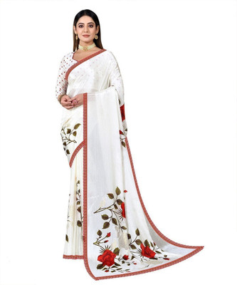 ROOP SUNDARI SAREES Printed Bollywood Pure Silk, Chiffon Saree(White, Multicolor)