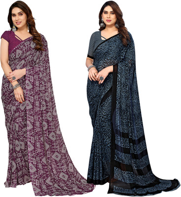 Anand Sarees Printed Bollywood Georgette Saree(Pack of 2, Blue, Black, Purple)