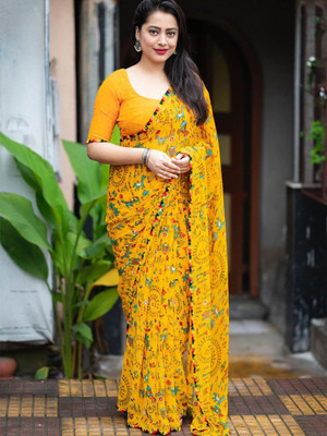 HERE&NOW Printed Banarasi Georgette Saree(Yellow)