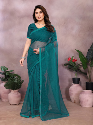 Anand Sarees Embellished Bollywood Net, Lace Saree(Dark Green)