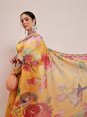 SILK ZONE Digital Print Chanderi Cotton Blend Saree(Yellow)