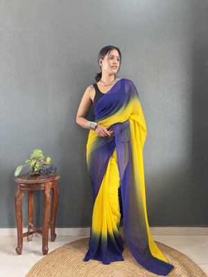 Tasrika Solid/Plain Bollywood Georgette Saree(Yellow, Blue)