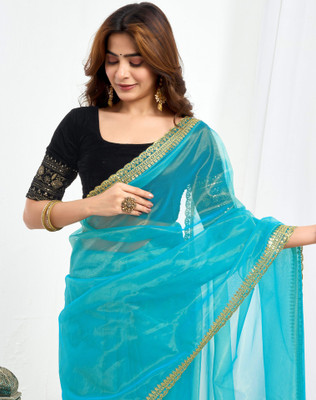 SIRIL Embellished, Embroidered Bollywood Net Saree(Light Blue)