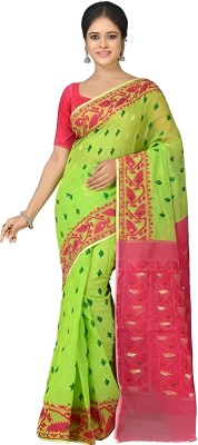 Rnn Embroidered Jamdani Cotton Silk Saree(Green, Pink)