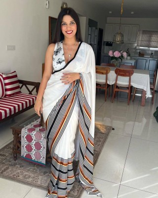 Nimidiya Printed, Striped Bollywood Satin Saree(White)