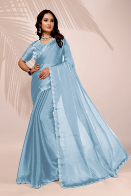 Privasaree Solid/Plain Bollywood Jimmy choo Saree(Light Blue)