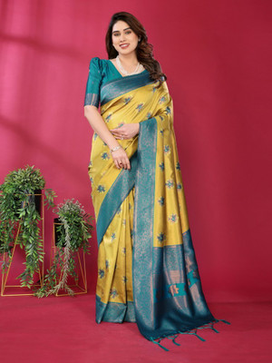 VASTUKALA Woven Kanjivaram Pure Silk, Art Silk Saree(Yellow, Blue)