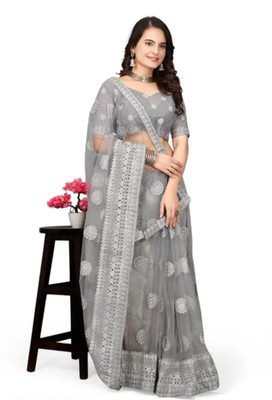 Vijay Fashion Embroidered Bollywood Net Saree(Grey)