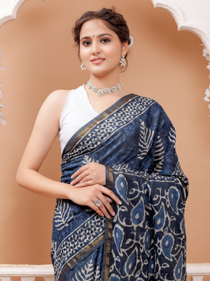 Taavi Printed Chanderi Cotton Blend Saree(Blue)