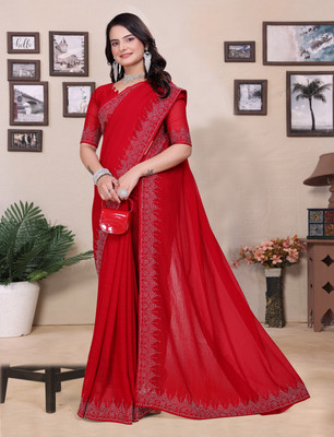 Divastri Embellished, Solid/Plain Bollywood Georgette Saree(Red)