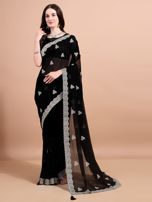 Divastri Embroidered, Embellished, Woven Bollywood Georgette Saree(Black)