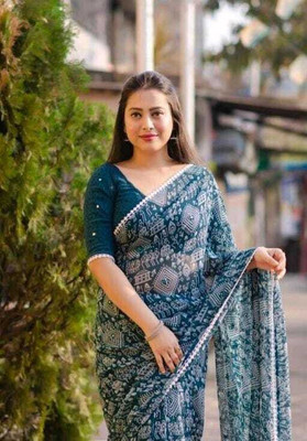 MAHADEV NX Printed Bollywood Georgette Saree(Light Blue)