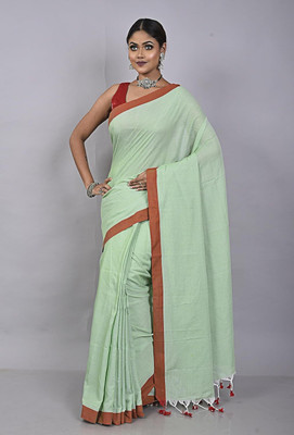 LDma Solid/Plain Tant Handloom Pure Cotton Saree(Green)