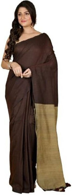 zayraa Solid/Plain Daily Wear Cotton Blend Saree(Brown, Grey)