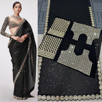 MANIBAA CLOTHING Embroidered, Embellished Bollywood Georgette Saree(Black)