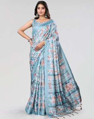 ANIRAV Floral Print Daily Wear Art Silk Saree(Blue)