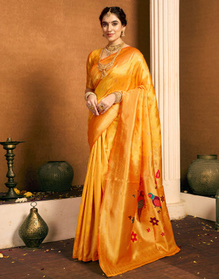 Samah Woven, Embellished Paithani Silk Blend, Jacquard Saree(Yellow)