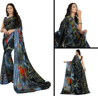 Anand Sarees Floral Print Daily Wear Georgette Saree(Blue, Grey)