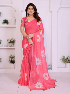 Moda Rapido Floral Print Bollywood Cotton Blend Saree(Pink)