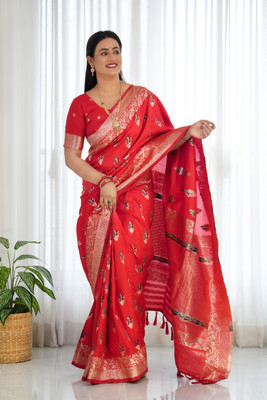HouseOfCommon Woven Banarasi Cotton Silk Saree(Red)