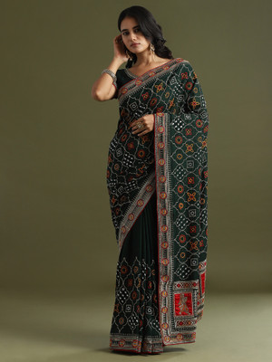Sareemall Embellished Bandhani Silk Blend Saree(Dark Green)