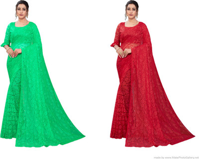 Nilkanthvarni Creation Self Design Bollywood Net Saree(Pack of 2, Light Green, Red)
