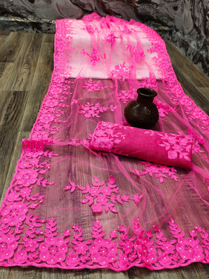 LUTAD FAB Embroidered Bollywood Net Saree(Pink)