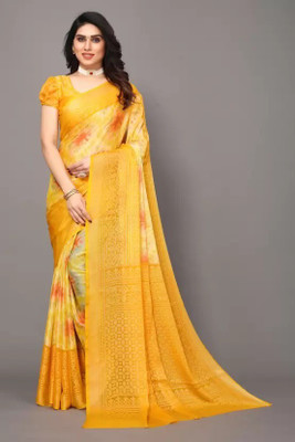 het designer studio Printed Banarasi Brasso Saree(Yellow)