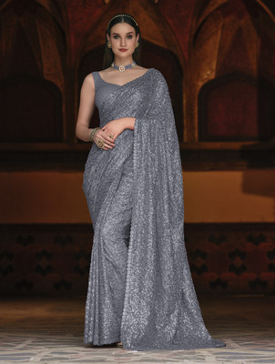 DIVINE INTERNATIONAL TRADING CO Embroidered, Embellished Bollywood Georgette Saree(Grey)