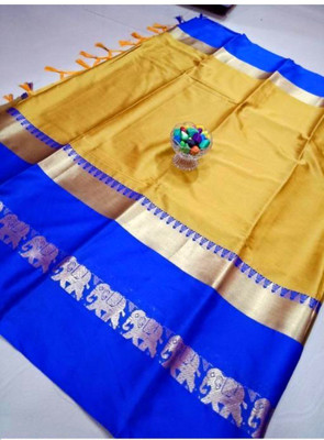 Mortal Textile Printed Handloom Cotton Silk Saree(Orange, Blue)