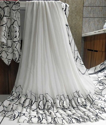Bombey Velvat Fab Printed, Solid/Plain Kovai Georgette, Crepe Saree(White, Black)