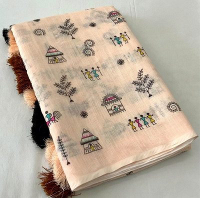 VEERA FASHION Printed Daily Wear Cotton Linen Saree(Cream)