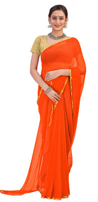 JiproStore Solid/Plain Daily Wear Chanderi Saree(Orange)