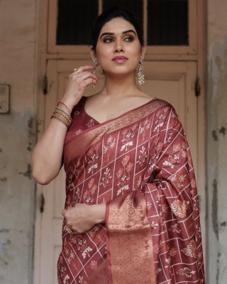 ALMAARI FASHION Digital Print Kanjivaram Silk Blend Saree(Brown)