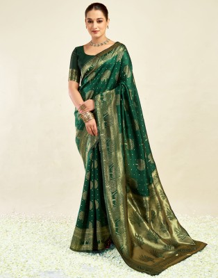 Samah Woven, Embellished Banarasi Silk Blend Saree(Green)