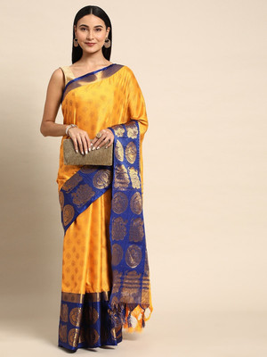 HouseOfCommon Woven, Checkered, Embellished, Self Design Banarasi Jacquard, Cotton Silk Saree(Yellow)