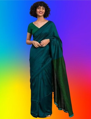 BongAp Solid/Plain Handloom Cotton Blend Saree(Green)