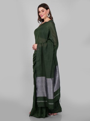 TWINIV Solid/Plain Handloom Cotton Silk Saree(Green)