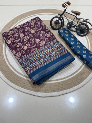 Vihan Fab Printed Kalamkari Mulmul Saree(Purple)