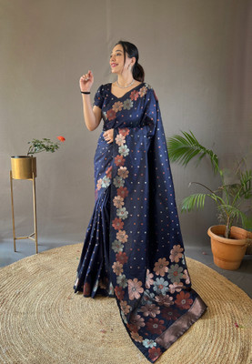 SWORNOF Self Design, Embroidered Bollywood Pure Silk Saree(Blue)