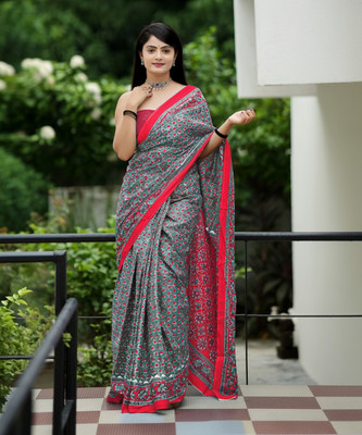 shiv textiles Printed Handloom Pure Cotton Saree(Grey)