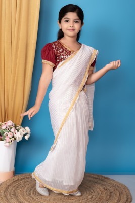 RHYNO Solid/Plain, Embellished Daily Wear Silk Blend Saree(White, Maroon)